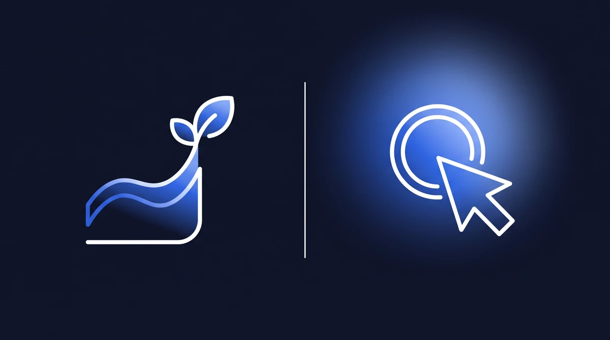 Illustration : deux chemins — une croissance organique à gauche, un clic payant à droite — sur fond bleu nuit