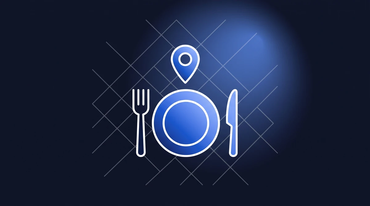 Illustration : une assiette avec fourchette et couteau surmontée d'une épingle de localisation, sur fond bleu nuit