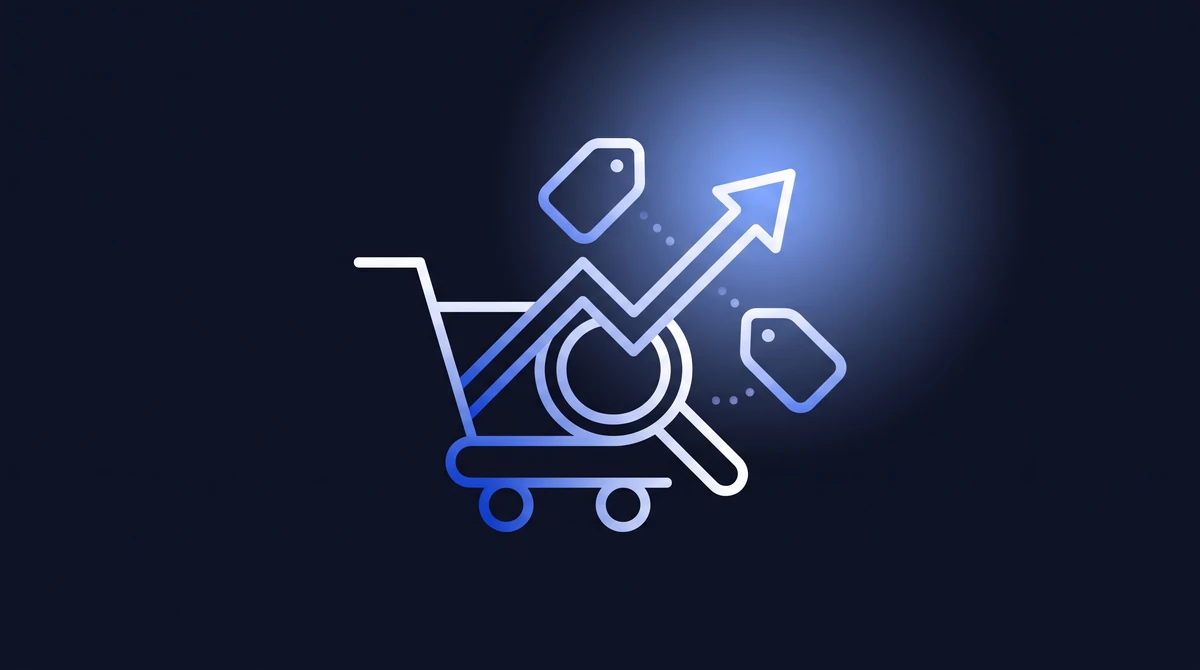 Illustration : un panier d'achat avec une loupe et une courbe de croissance, sur fond bleu nuit